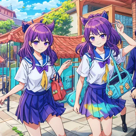 Komi san with big hair and hair color is strong purple and happy smile and beautiful day at school