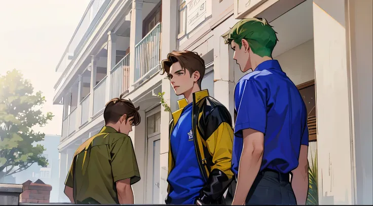 they are three handsome young men of 15 years old.., green and brown hair, ropa azul.