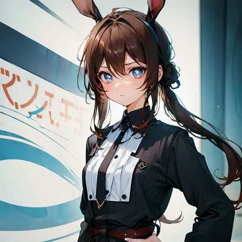 Beautiful girl with brown hair and light blue eyes, possessing long brown rabbit ears, hair tied back revealing bangs that reach up to her forehead. Wearing black medical clothing, she gazes intently at me with a  frame, in an anime style. Prioritize best ...