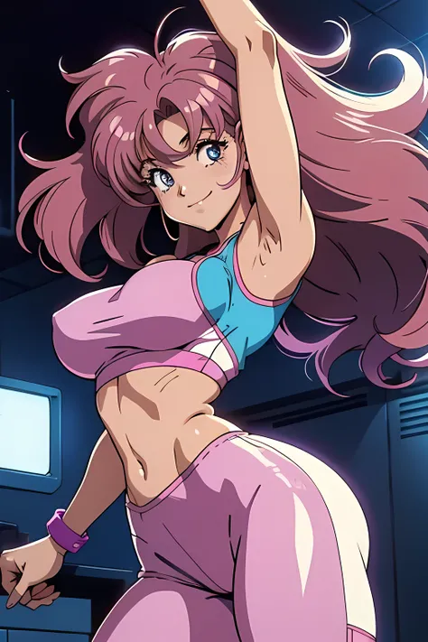 pretty girl from an 80s anime, 80s anime fog, static like from an 80s anime, 1980s (style), smiling, long hair, 80s workout outfit, perfect breasts