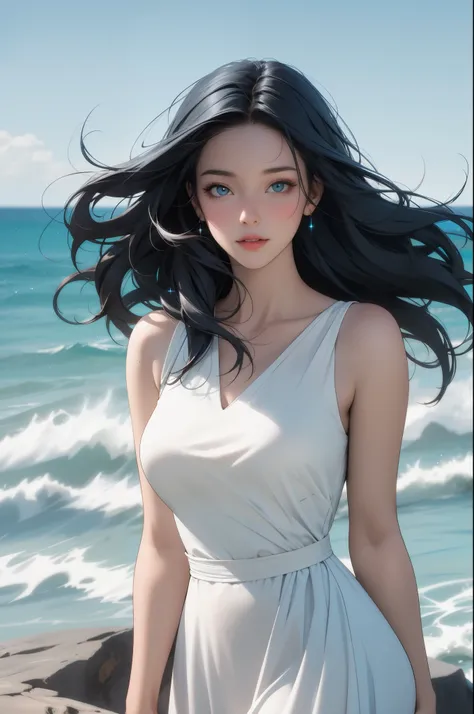 A girl standing on a rocky cliff overlooking the magnificent Blue Coast. The girl has beautiful detailed eyes, delicate eyebrows, a straight nose, and a pair of plump and rosy lips. She stands confidently with her arms akimbo, capturing the breathtaking vi...