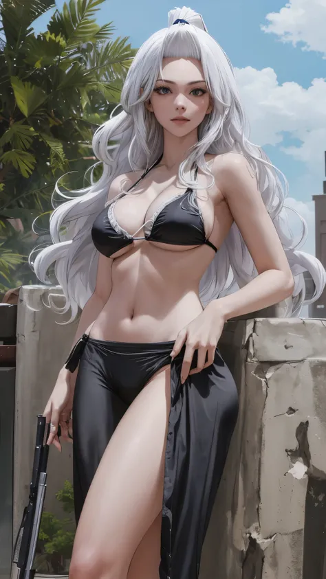 masterpiece, best quality, highres, Amira, long hair, in front of your bangs, white hair, extremely big , black bikini, cowboy shot, standing, outdoors, bar,  shy, detailed face, detailed fingers, high quality