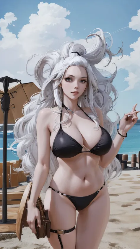 masterpiece, best quality, highres, Amira, long hair, in front of your bangs, white hair, extremely big , black bikini, cowboy shot, standing, outdoors, bar,  shy, detailed face, detailed fingers, high quality