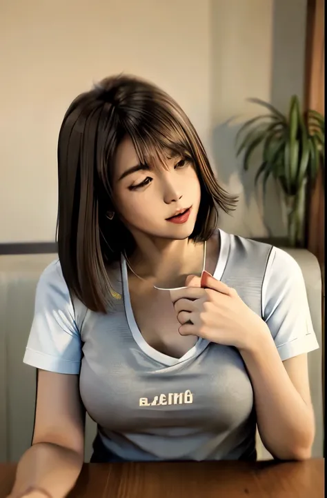 巨大なchest, One girl, alone, Long Hair, chest, View your viewers, bangs, Brown Hair, shirt, Brown eyes, Sitting, Mouth closed, Upper Body, Short sleeve, indoor, Medium Hair, cup, lips, table, plant, grey shirt, straw, Realistic, potted plant, disposable cup