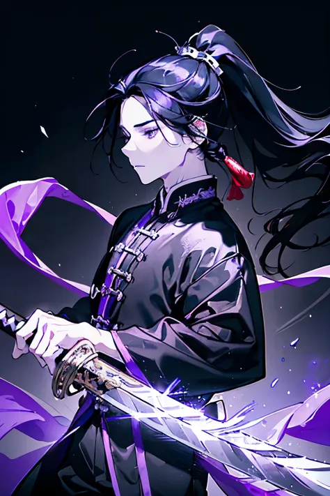 ((boy around 18 years old)),(Long black hair ponytail:1.3),(Black, purple and white costume reminiscent of an ancient Chinese priest),(Fantastic Light),((Brandishing a sword:1.5)),(pose),Close-up of face