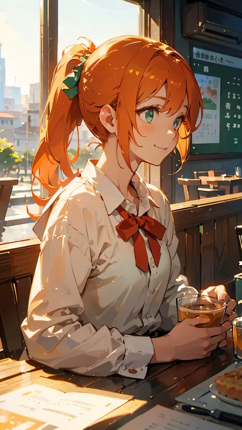 １girl、Orange Hair、ponytail、Beautiful green eyes、smile、profile、Upper body close-up、Morning Cafe Terrace、Background blur, The depth of the drawn boundaries