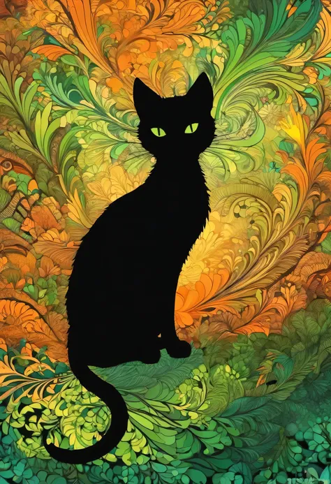 (highest quality,high resolution:1.2),cat silhouette,colorful background,green,orange,green,blurred,zentangle style,fractal styl...