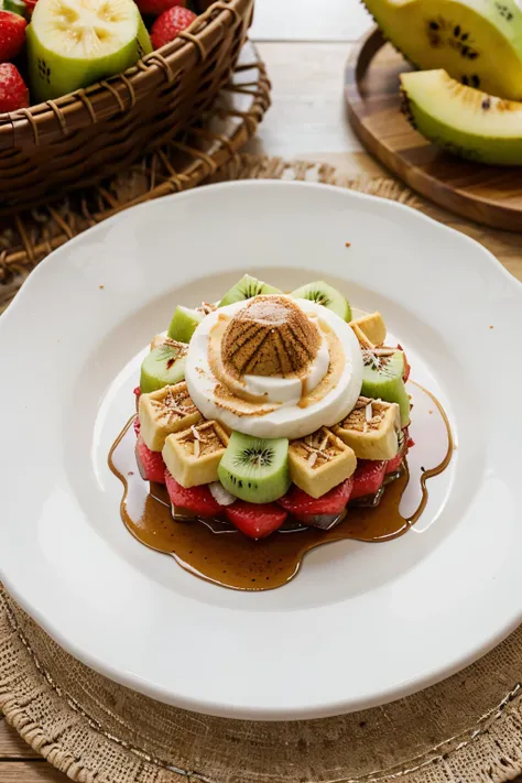 chopped photographic shot of white porcelain plate with four waffles filled with dulce de leche spilling over the edges, con topping de fresas, kiwi y bananas cortadas en trozos, apetitoso, hiperrealismo, 