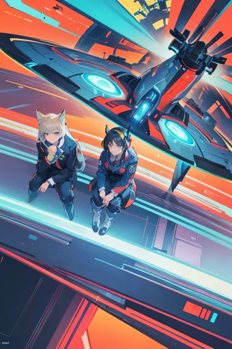 3 characters sitting looking up in the camera. high angle. vintage futuristic elements. flying cars and atomic bombs on the background. 3 characters wearing colorful suit. high angle. high quality, fun composition. cartoonish background. characters sitting...