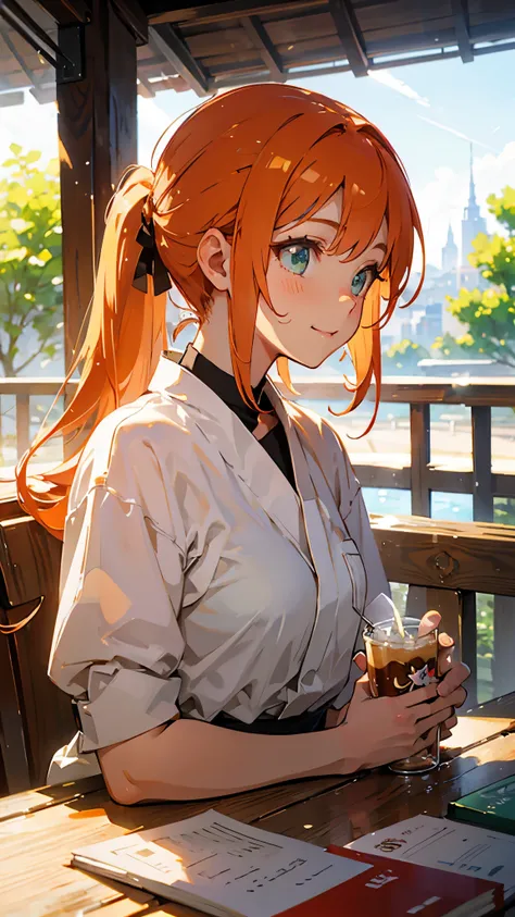 １girl、Orange Hair、ponytail、Beautiful green eyes、smile、profile、Upper body close-up、Morning Cafe Terrace、Background blur, The depth of the drawn boundaries