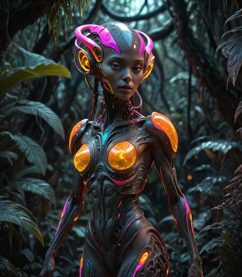 Silent photo titled "Female futuristic alien creature in light neon lava colors in the jungle"  Dark tones,(author：Ivan Albright:1.2), dark color, detailed, 8k, Ultra HD, 8k, Unreal Engine 5, Ultra-clear focus, Intricate work of art, inauspicious, Golden R...