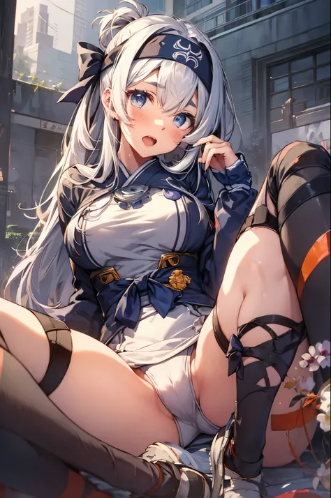 kamoi,folded ponytail,headband,bandana,ainu clothes,cropped jacket,dress,long sleeves,pelvic curtain,thighhighs,wrist guards,sideboob,(upper body:1.3),open mouth, embarrassed ,blush,(spread legs:1.3),(legs up),(cameltoe:1.3),masterpiece,Noise Reduction,per...