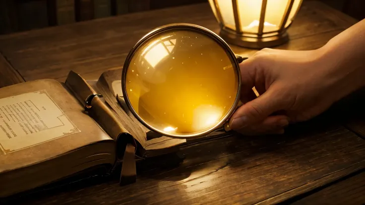 A hand holding a large magnifying glass on a card on the table Warm colors, retro scenery. I can see through a big magnifying glass a secret treasure. I see a lot of books and research