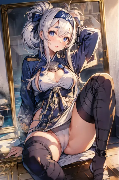 kamoi,folded ponytail,headband,bandana,ainu clothes,cropped jacket,dress,long sleeves,pelvic curtain,thighhighs,wrist guards,sideboob,(upper body:1.3),open mouth, embarrassed ,blush,(spread legs:1.3),(legs up),(cameltoe:1.3),masterpiece,Noise Reduction,per...