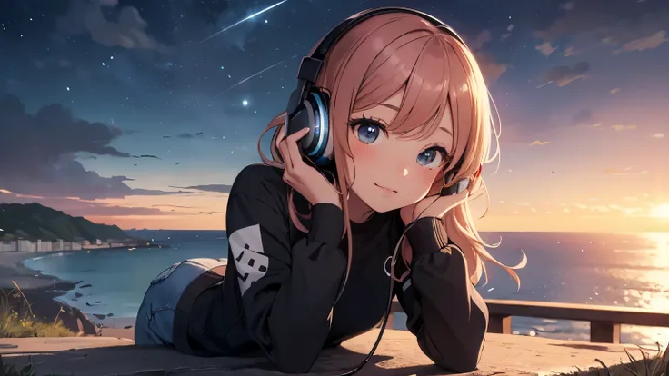 ((Top Quality)), ((Masterpiece)), (Details), Perfect Face
Cute, anime style with an early 80s city pop culture vibe.
A girl is lying on a hill overlooking the ocean, looking at the night sky. She is wearing headphones and long sleeved clothes. A pleasant b...