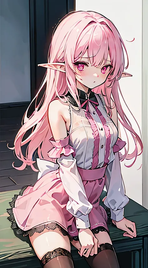 high quality, masterpiece, Very detailed,Long Hair, beautiful girl,Pink Eyes髪,Pink Eyes,chest,Shoulder Bare,Wet Pink Elf Costume,See-through,Short skirt,Black fishnet stockings,Embarrassing,Red cheeks