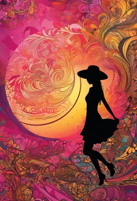 (highest quality,High resolution:1.2),Silhouette of a ,Straw hat silhouette、Colorful background,pink、red、yellow、Blurred,Zentangle Style,Fractal Style、black,Brown, Smash it, stand out, The most inspiring silhouette ever, Shine, Light explosion, Flying Bird,...