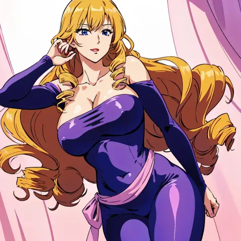 masterpiece、highest quality、Anime Women、solo、Watching the audience、laugh at、Long Hair、Blonde、eyelash、lipstick、Blue Eyes、Drill Hair、Hair on one eye、Big Breasts、cleavage、A woman with very large breasts、collarbone、Purple bodysuit、Off the shoulder、Long sleeve、...