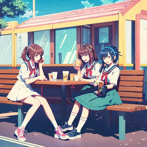 Anime Girls sitting on a bench with a cup of coffee, cute Anime Girls, Anime-style illustrations, Soda themed girl, Beautiful anime school girl, Surreal school girl, Anime Girls, young Anime Girls, beautiful Anime Girls, Anime Girls drinks energy drink, An...