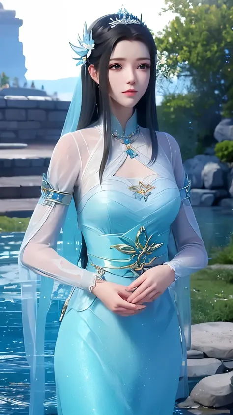 Arapei wearing a blue and white dress standing in the water, anime manga girl walking on water, water magic closeup fantasy, Blue Alley Style, Hot topics on cgstation, anime manga girl , serafina ali is not following anyone。 Autodesk_new, splash ink art an...