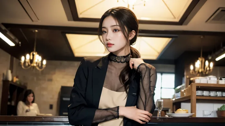 super high quality, Slender, The staff is working at the counter in the back., (8k、RAW Photos、highest quality、masterpiece:1.2), Shaggy, Stylish café, Fashion magazine photoshoot, (Realistic、Photorealistic:1.37), Female college student, Mesh Hair, Normal ch...