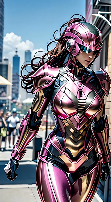 Female Robocop Solo、Bright outdoors、strong light source、8K, high quality, masterpiece, 最high quality、Very detailed、Armor that completely covers the whole body、very large armor、Helmet covering the head、Clear photos、The eyes are hidden by thin, straight gogg...