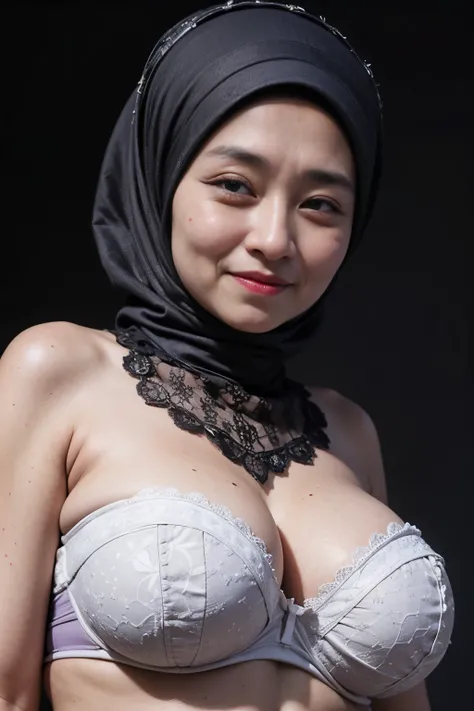 ((Gigantic tits:1.5)), (from behind up) seductive pose, ((Old lady:2.3)), (Happy smile), (((HIJAB MALAY GIRL))), masutepiece, High quality, UHD 32K, Realistic face, Realistic skin feeling , A Japanese Lady, 58 years old matured lady, (((FLAT CHEST))), (Nig...