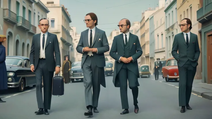 1965, Italy. Pre-Raphaelite scene (Very wide field of view) On a busy street, Scattered Grey Men, Michael Ende&#39;s『The grey people』, With suit, Have, Briefcase and cigars, All Grey, ominous atmosphere ((((1960s suit outfit)))), ((Wes Anderson&#39;s film ...