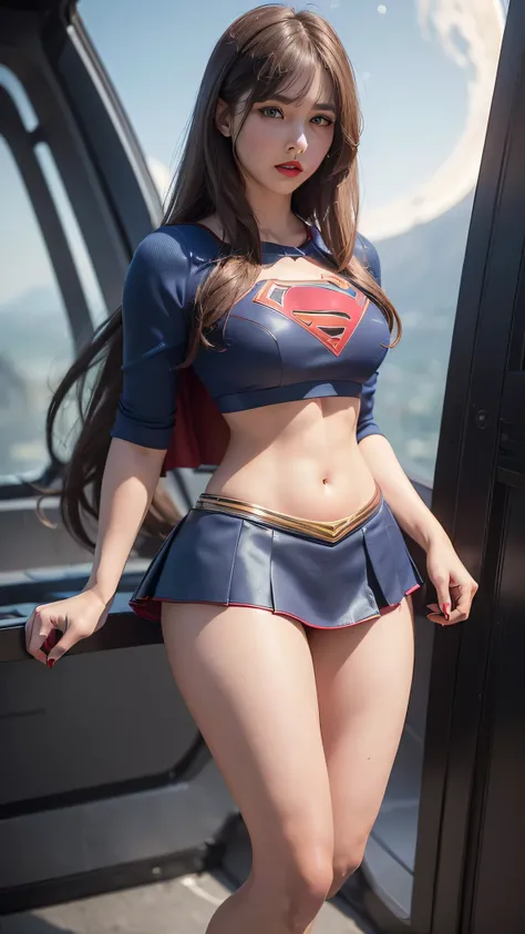 (Best quality, masterpiece: 1.1), ((Kara Zor-El)), (fidelity: 1.4), 1 girl, ((full body shot)), ((extra long hair with bangs)), study, very young girl, ((Crop top)), ((she use a very sexy suit with miniskirt)), she is alone, ((she is a supergirl)), high he...