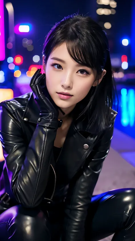 black leather rider jacket, Office in the Dark, Black leather gloved fingertips on both hands,Wearing black leather gloves,Sitting in a black leather chair、 Japanese female new recruits (Black leather gloves cover both hands) (The angle is horizontal)、Blac...