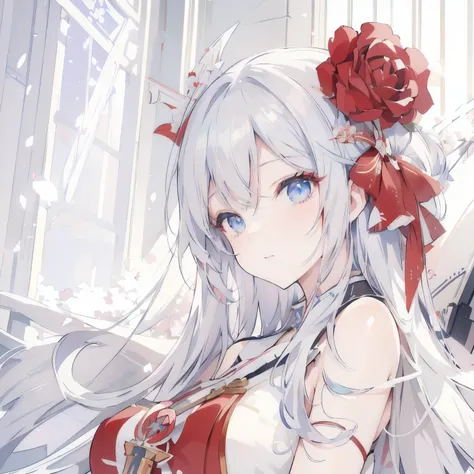 anime girl with long gray hair and blue eyes holding a rose, white haired deity, cushart krenz key art feminine, characters from azur lane, from the azur lane videogame, anime goddess, edelgard fire emblem, azur lane style, onmyoji portrait, ayaka genshin ...