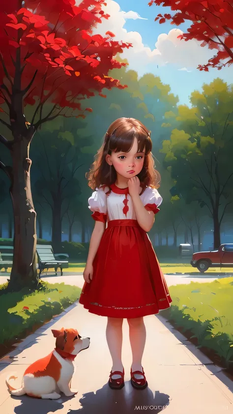 an oil painting of a  girl in a red dress , adorable digital painting, with a sad expression, looks sad and solemn, a realistic cute girl painting, inspired by Art Frahm, sad expression, alex gross, children book illustration, cartoon digital painting, a b...