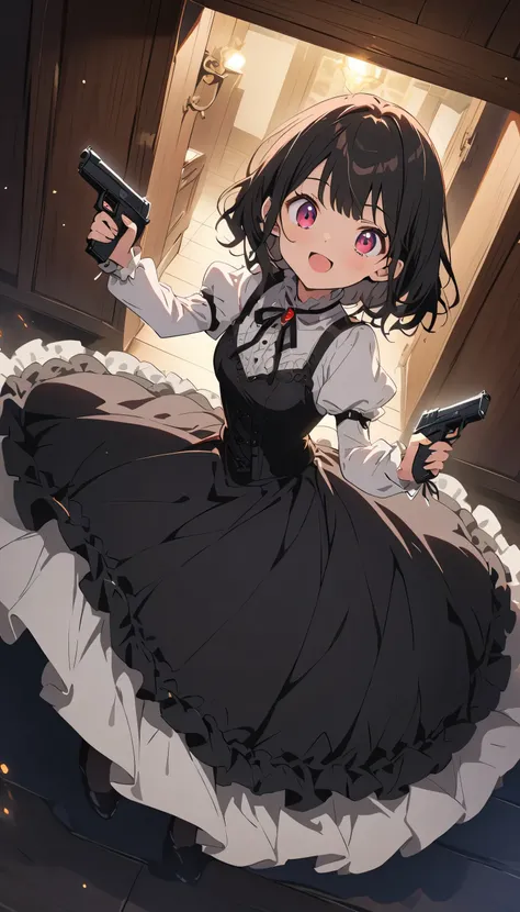 1 beautiful girl、Rin々A funny expression、(black victorian dress:1.4、Formal wear)、(Jewelry decoration)、(familiar:1.2)、(Holding a handgun in both hands、Dual pistols:1.6)、Action pose、Cool pose、Complex skirt、steampunk、Full Body, (highest quality、masterpiece、Hig...