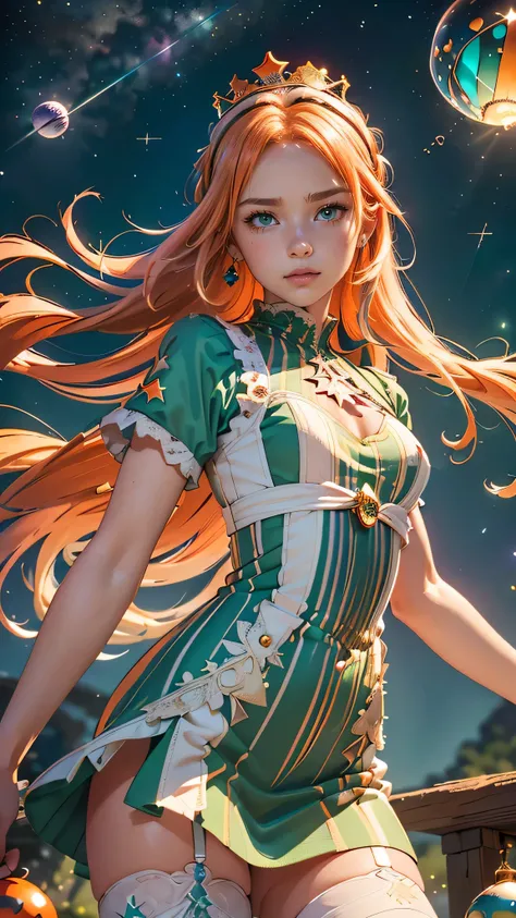 (masterpiece), (highest quality), (Very detailed),(Disheveled Hair),(shape), (One Girl), (Fashionable clothes),Blonde Long Hair, ((Red colors small horned headband)), ((Emerald green, Pastel colored short sleeve one piece dress)), (( White lace at the hem)...