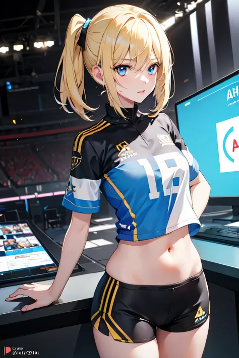 1girl,AP Bren Esport jersey,blue eyes,blonde hair,short hair,mullet haircut