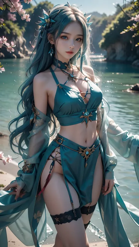 8K, ultra hd, masterpiece, hd colors, 1 girl, perfect face, very long curly hair, detailed eyes, detailed clothing, ((teal clothing)), stocking, ((criss-cross lace)), dark sardine, straps, Pendant, net clothing, loops, bare waist, jwellery, ornaments, wate...