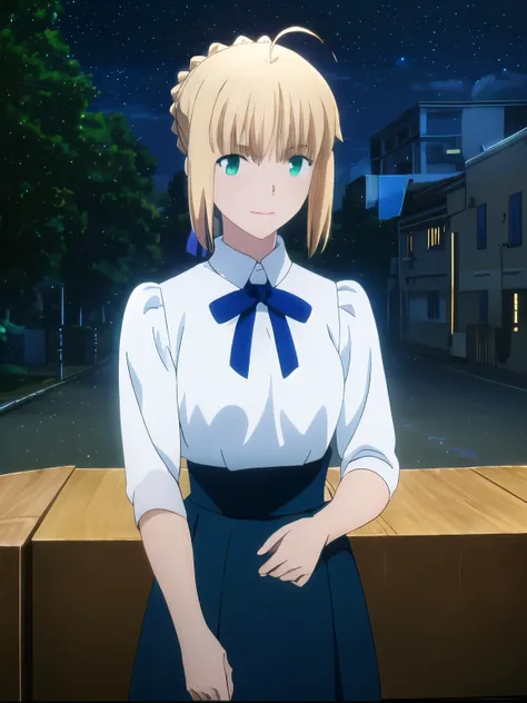 (masterpiece:1.4), (best quality:1.4), realistic, 1girl, artoria pendragon (fate), ray tracing light, large breast, night time, little ahoge, green eyes, white shirt, blue skirt, happy, blush, little smile, stand, in London tower, empty road, face focus, f...