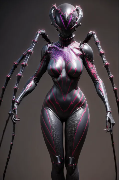 Beautiful girl fused with a spider. (High quality) （black and red and purple image color）. body suit. compound eye. cyber style. spider web. spike accessory. Biological Armor. Biological helmet. eye mask.