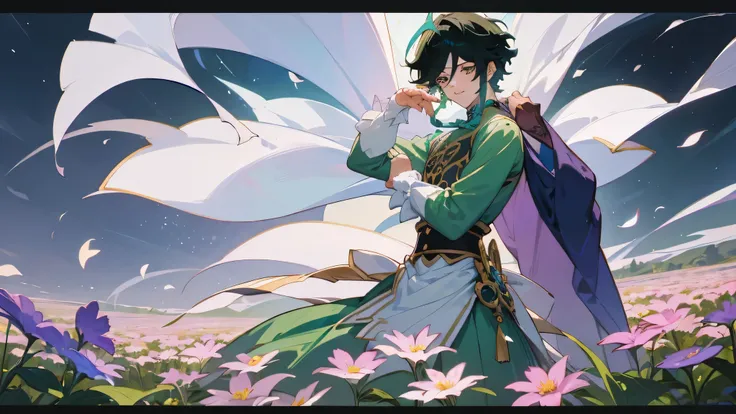 Anime image of a man standing in front of a flower field, A delicate androgynous prince, Beautiful androgynous prince,  Inspired by Bian Shoumin, handsome prince, Handsome men from Demon Slayer, Male Anime Characters, gapmoe yandere, Official Art, Handsome...