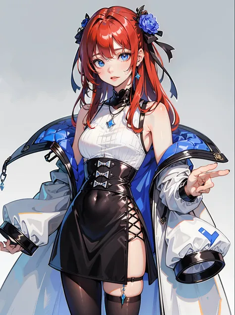 solo, one character, adult woman, very long red hair, striking soft blue eyes, beautiful detailed eyes, ribbon hair adornment, beautiful necklace, oversized jacket, inspired by honkai star rail