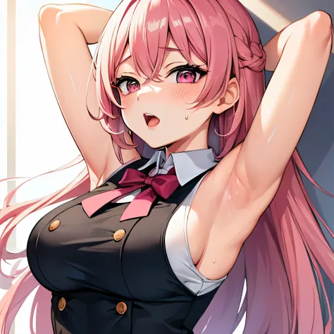 highest quality,32k,Raw photo,Armpit sweat, Ahegao,Pink hair long、uniform