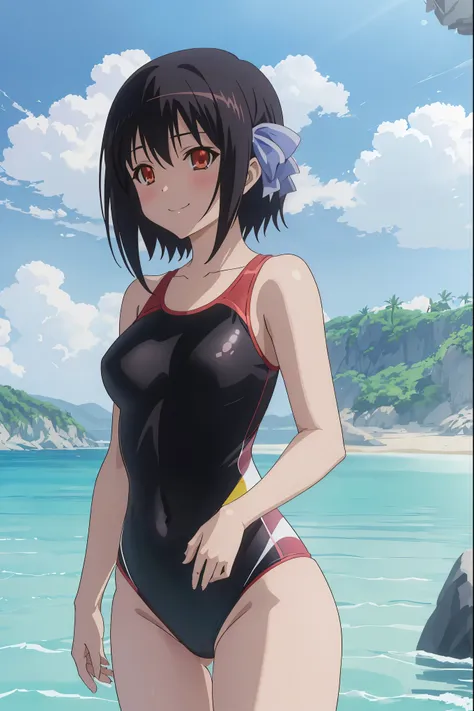 [anime styled]],[[digitalart]],nsfw,Tomomi_saikyou,black hair,Short hair,Hair Ribbon,swimming wear,sandy beach,summer,midium build,,NSFW,1girl in,short torso,anime screen cap,cel shading,smile, (strong light)、((brighten the subject)),