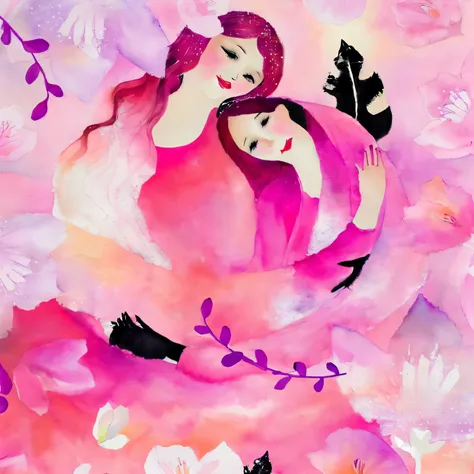 painting of a woman and a cat in a pink flowered bed, illutstration, dreamy illustration, by juliette leong, a beautiful artwork...