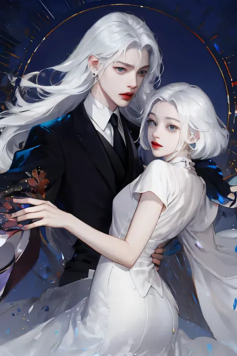 Two people posing for a photo in formal attire, WLOP 和 Sakimichan, Artwork in the style of Guweiz, wlop 和 ross tran, Wlop and Andrei Riabovitchev, neoartcore 和 charlie bowater, and loish and wlop, Knights and princesses, Loish 和 Ross Tran, White hair