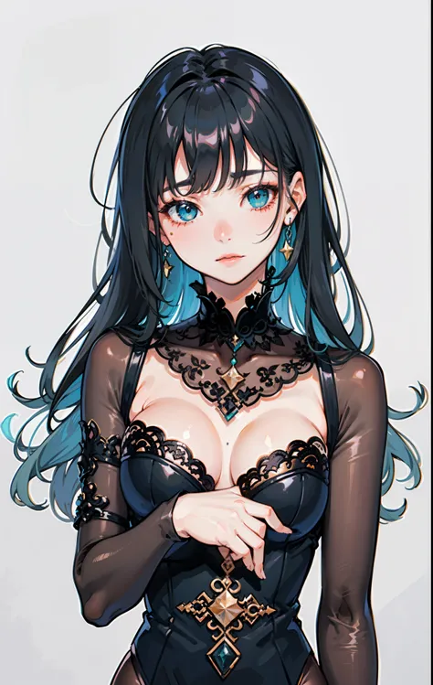 solo, one character, grey-haired woman, very long grey hair, striking soft teal eyes, beauty marks, beautiful detailed eyes, sleepy expression, medium breasts, inspired by honkai star rail