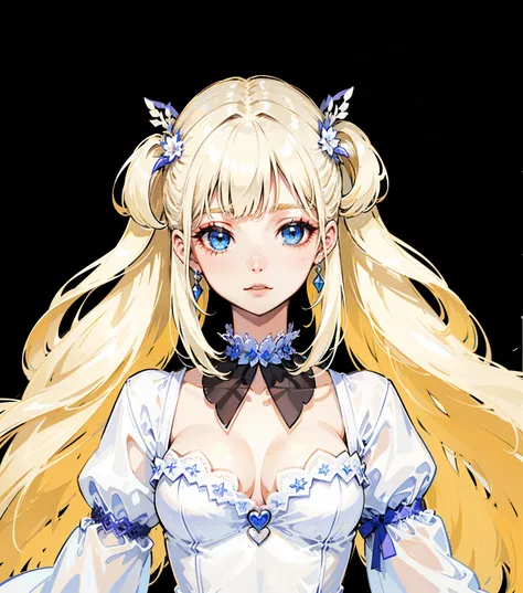 long pale platinum blonde hair, wavy hair, fluffy hair, sleepy eyes, indigo eyes, white lace hair adornment, chiffon dress, ribbon choker, inspired by honkai impact third