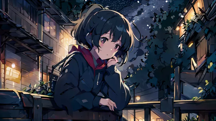 (best quality:0.8),(best quality:0.8),high-resolution,anime illustration,hooded black-haired boy,portrait,relaxed,dusk,veranda,emotional,daily life