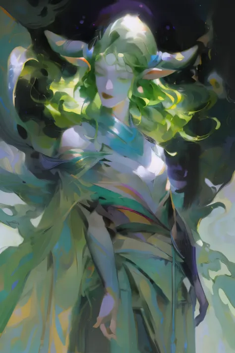 masterpiece, Green hair standing in the room、Girl with green hat, Ink Art, Style Art, Elf Girl, murata and artgerm series, very warm, Weiwei, Art style, League of Legends style, Ruan Jia and Artgerm, Art Jem Style, ! dream art