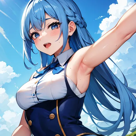 highest quality,32k,Raw photo,Armpit sweat, Ahegao,Blue hair long、uniform、Blue landscape