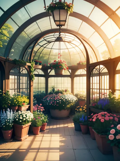 greenhouse, round interier, full of bloomed flowers, small trees, ultra detailed, high quality, 8k resolution